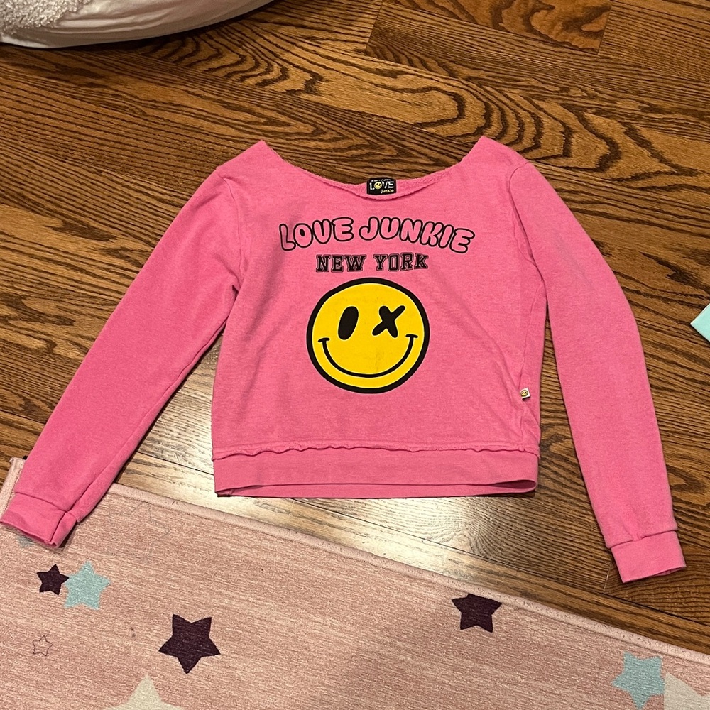love J Pink Cropped Sweatshirt with Yellow Smiley Graphic